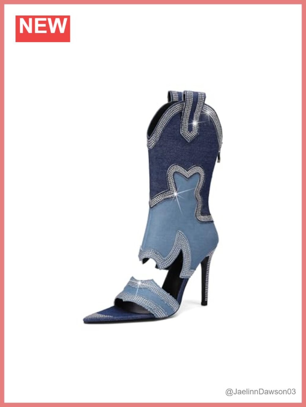 Rhinestone Western Cowboy Boots Women Denim Mid-Calf Low Block Heel Sparkly